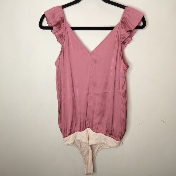 Paige Pink Satin Bodysuit Flutter Sleeve - Picture 8 of 10